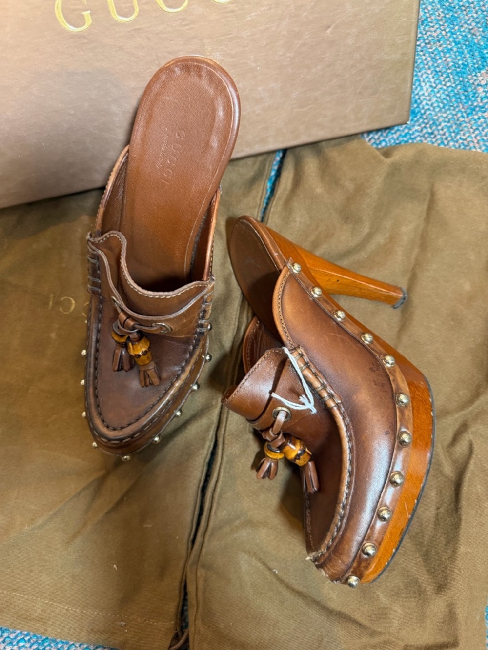 Gucci Brown Leather Tassel Studded Mule Heels - Picture 4 of 6